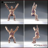 Four-angle turnaround digital render of Seated Arena Spectator 01 showing front, back, and both side profiles — cross-lace stitching detail visible on tunic and trousers, seated cheering pose with arms raised, unpainted