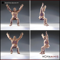Four-angle turnaround digital render of Seated Arena Spectator 01 showing front, back, and both side profiles — cross-lace stitching detail visible on tunic and trousers, seated cheering pose with arms raised, unpainted