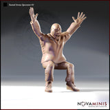 Front-facing digital render of Seated Arena Spectator 01 — a bald broad-shouldered man in a cross-stitched tunic and heavy boots, both arms thrown overhead in a cheering pose, mouth open wide, unpainted resin tan colouring