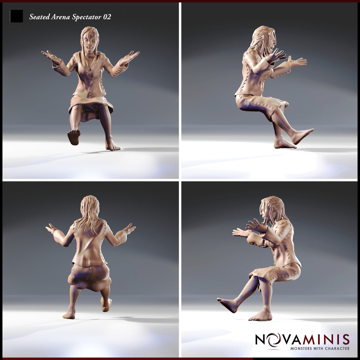 Four-angle turnaround render of Seated Arena Spectator 02 by Novaminis showing front, left side, rear, and right side views — highlighting the dynamic mid-leap pose, stitched tunic detailing, bare feet, outstretched arms, and expressive facial features from all perspectives