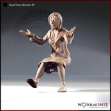 Front-facing digital render of Seated Arena Spectator 02 — a barefoot woman with long flowing hair in a stitched open tunic and loose skirt, arms outstretched at sides with fingers spread, leaning forward in tense anticipation, unpainted resin tan colouring