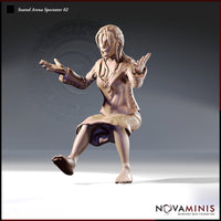 Front-facing digital render of Seated Arena Spectator 02 — a barefoot woman with long flowing hair in a stitched open tunic and loose skirt, arms outstretched at sides with fingers spread, leaning forward in tense anticipation, unpainted resin tan colouring