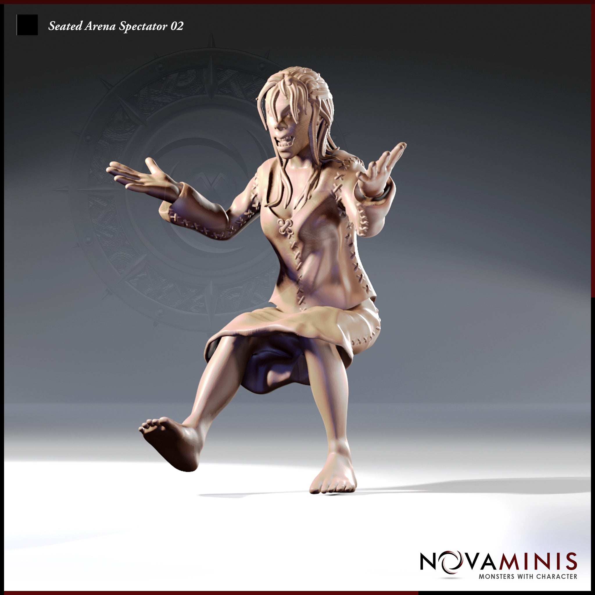 Front-facing digital render of Seated Arena Spectator 02 — a barefoot woman with long flowing hair in a stitched open tunic and loose skirt, arms outstretched at sides with fingers spread, leaning forward in tense anticipation, unpainted resin tan colouring