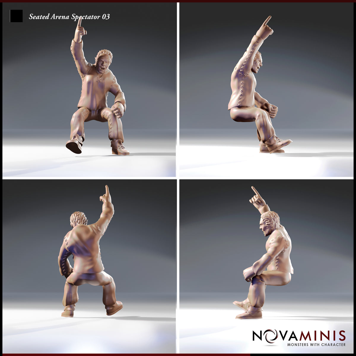 Four-angle turnaround render of the Seated Arena Spectator 03 miniature by Novaminis, showing front, left side, rear, and right side views of the shirtless cheering figure with raised arm, braided hair, and stitched leather trousers — unpainted 32mm scale resin miniature