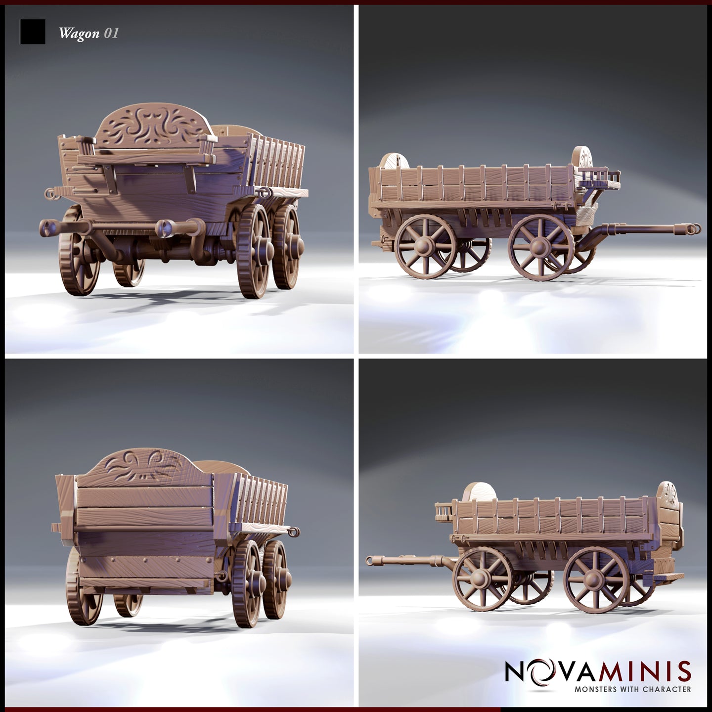 Four-angle digital render sheet of the Novaminis Wagon 01 terrain piece showing front three-quarter, rear three-quarter, side profile, and rear views — highlighting the carved decorative headboard, planked cargo bed, ironwork fittings, and spoked wheels from all angles, unpainted brown resin finish