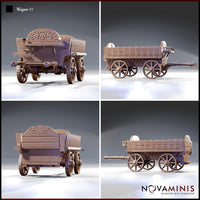 Four-angle digital render sheet of the Novaminis Wagon 01 terrain piece showing front three-quarter, rear three-quarter, side profile, and rear views — highlighting the carved decorative headboard, planked cargo bed, ironwork fittings, and spoked wheels from all angles, unpainted brown resin finish