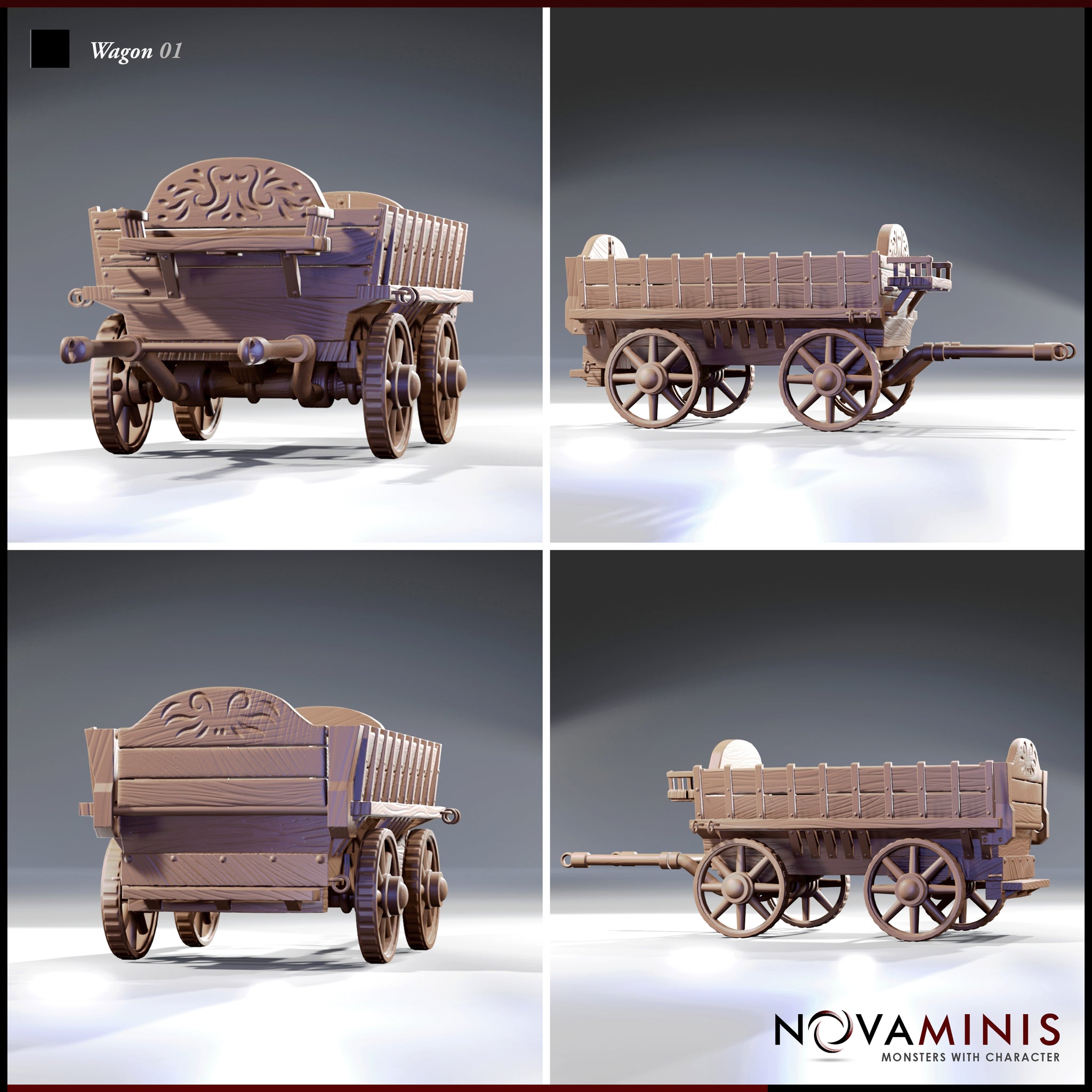 Four-angle digital render sheet of the Novaminis Wagon 01 terrain piece showing front three-quarter, rear three-quarter, side profile, and rear views — highlighting the carved decorative headboard, planked cargo bed, ironwork fittings, and spoked wheels from all angles, unpainted brown resin finish