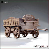 Digital render of the Novaminis Wagon 01 terrain piece — a four-wheeled fantasy horse-drawn wagon with slatted wooden side panels, an ornate carved backboard with swirling foliate detail, spoked wheels with ribbed rims, and a forward draw pole, shown unpainted in a warm brown resin colour from a three-quarter front angle