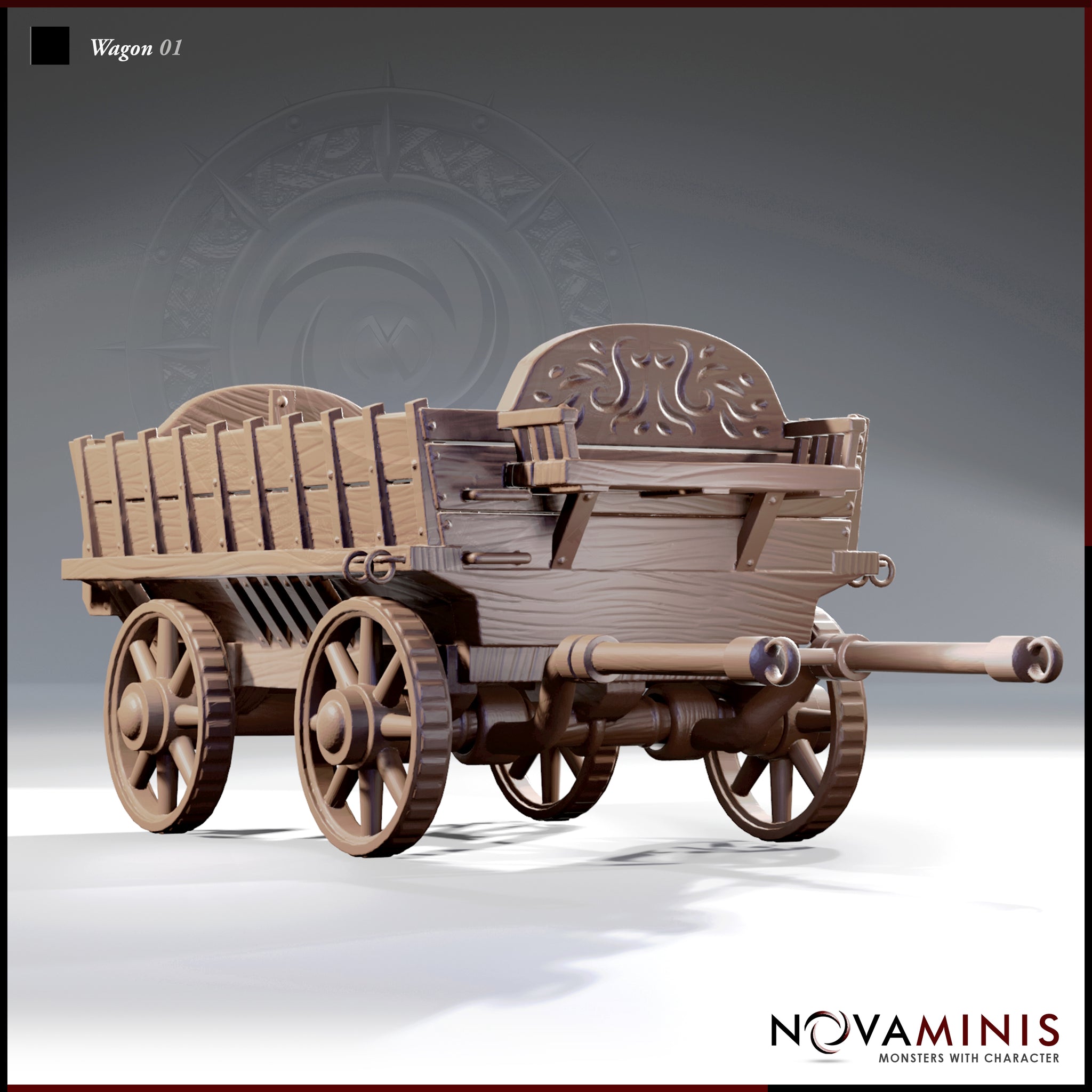 Digital render of the Novaminis Wagon 01 terrain piece — a four-wheeled fantasy horse-drawn wagon with slatted wooden side panels, an ornate carved backboard with swirling foliate detail, spoked wheels with ribbed rims, and a forward draw pole, shown unpainted in a warm brown resin colour from a three-quarter front angle