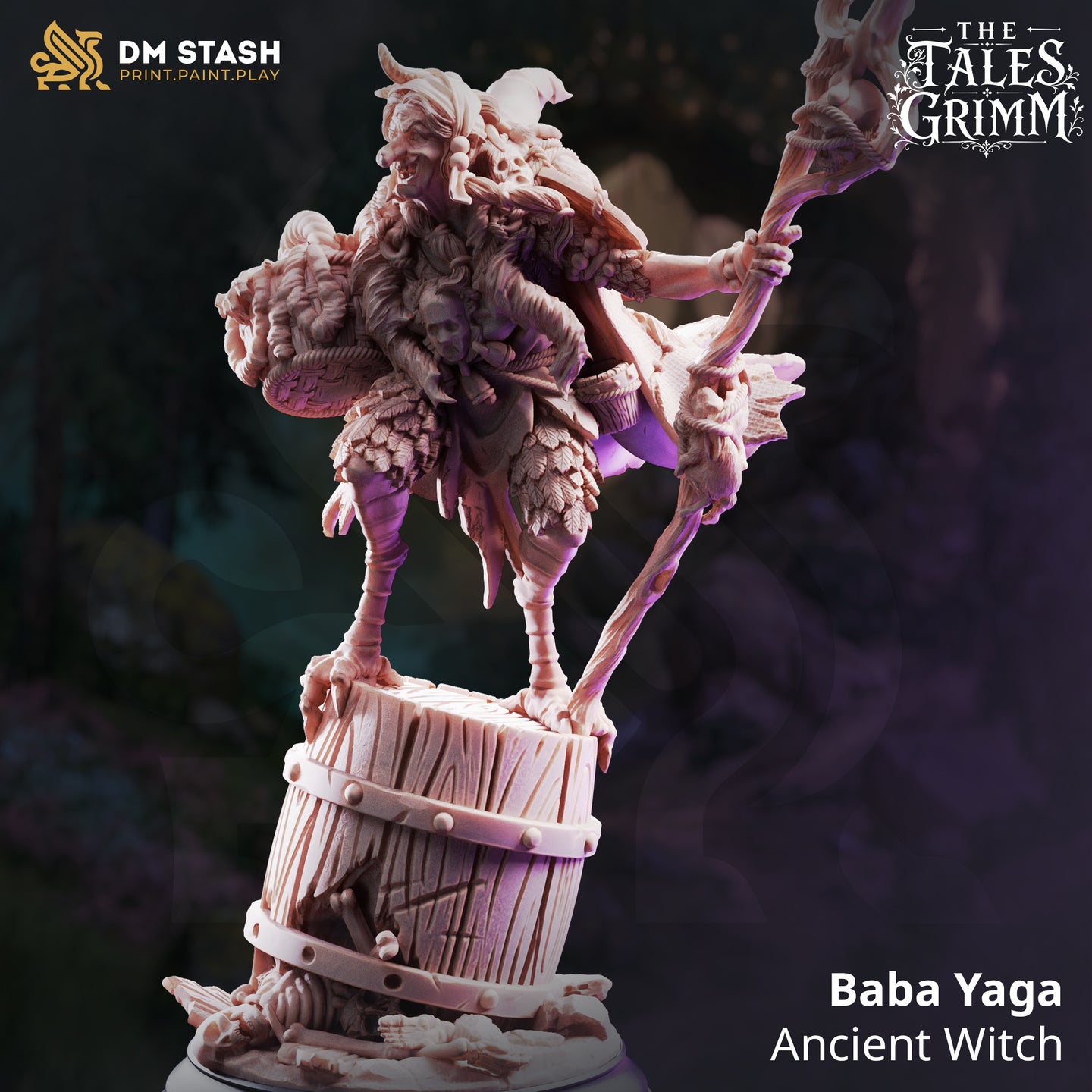 Baba Yaga Ancient Witch by DM Stash: rear view revealing a large wicker-style pack laden with skulls and hanging charms on her back, pointed hat visible, bird-talon legs grasping a bound barrel base amid scattered rubble.