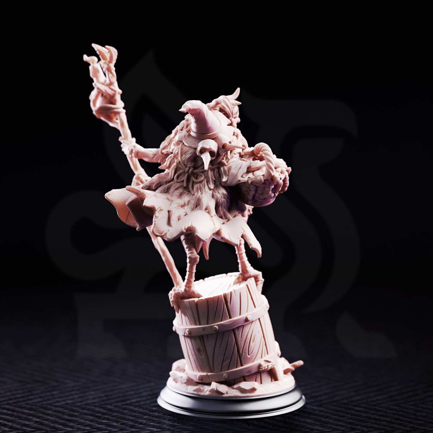 Baba Yaga Ancient Witch by DM Stash: a gaunt hag perched atop a cracked mortar barrel, clutching a tall gnarled staff, draped in skull-and-feather-laden robes, horned headdress, bird-like taloned legs gripping the rim.