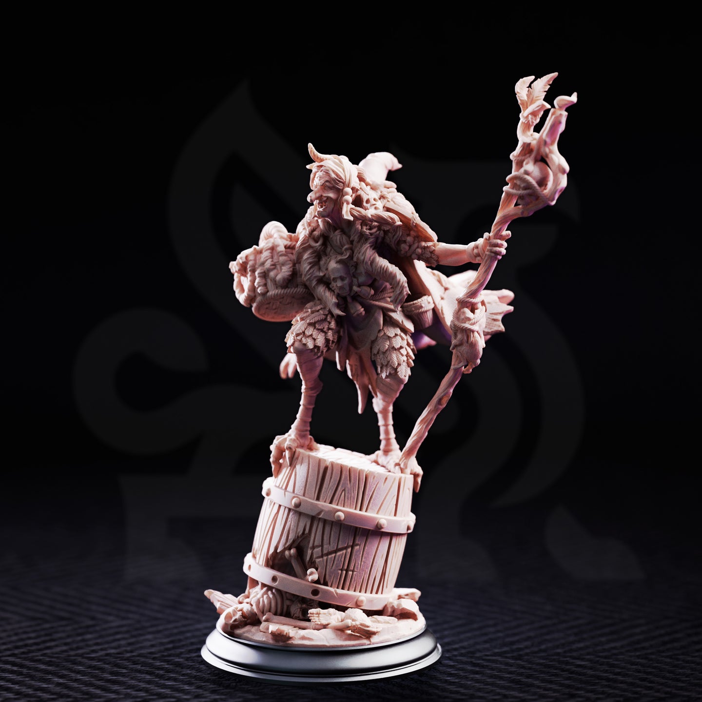 Baba Yaga Ancient Witch by DM Stash: leaning forward with staff raised, layered robes covered in bones and charms, tangled hair beneath a horned headpiece, standing on a tilted wooden barrel base scattered with bone fragments.