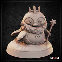 Digital render of the Baby Frost Penguin miniature by Mia Kay M3DM — an unpainted grey resin sculpt showing a round-bodied penguin creature seated on a snowy base, with a crown of icy spines, fluffy textured chest feathers, eyes closed in a contented squint, and a star-tipped staff tucked under one flipper