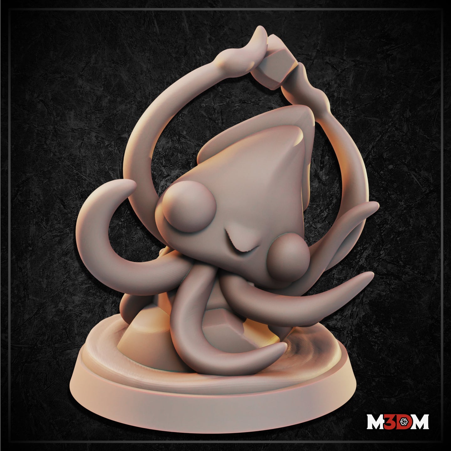 Digital render of a chibi baby kraken miniature at 32mm scale, showing a cone-shaped mantle, large round eyes, and eight curling tentacles raised around its body, with two tentacles holding a d6 aloft overhead, mounted on a swirling sculpted base — unpainted resin render by Mia Kay M3DM