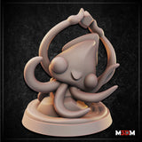 Digital render of a chibi baby kraken miniature at 32mm scale, showing a cone-shaped mantle, large round eyes, and eight curling tentacles raised around its body, with two tentacles holding a d6 aloft overhead, mounted on a swirling sculpted base — unpainted resin render by Mia Kay M3DM