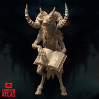 Front-facing digital render of the Baernaloth miniature by Monster Atlas — an unpainted resin 32mm figure of a gaunt horned yugoloth holding an open tome, with a reptilian bull-like head, large sweeping horns, clawed hands, and hooved feet