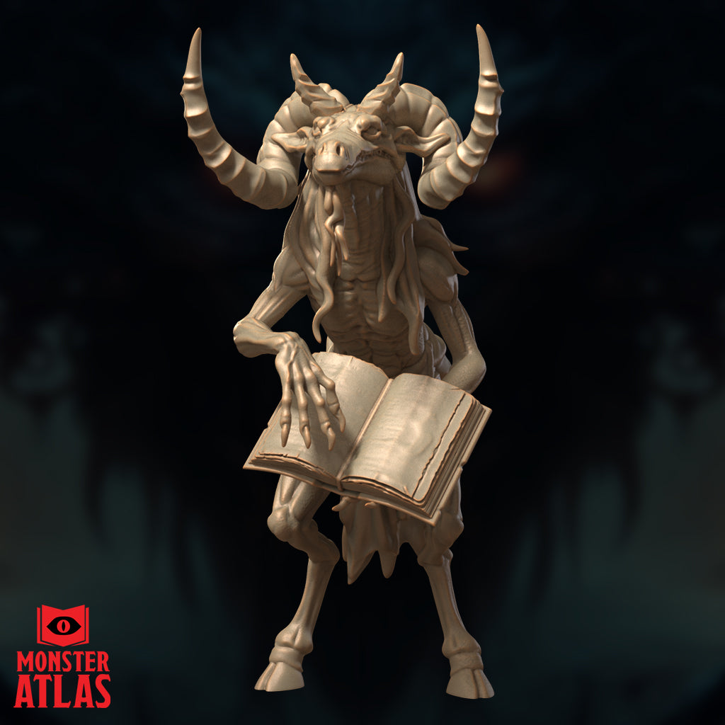 Front-facing digital render of the Baernaloth miniature by Monster Atlas — an unpainted resin 32mm figure of a gaunt horned yugoloth holding an open tome, with a reptilian bull-like head, large sweeping horns, clawed hands, and hooved feet
