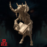Three-quarter side view digital render of the Baernaloth miniature by Monster Atlas — showing the horned yugoloth scholar from the left, open tome held in clawed hands, tattered cloth around the lower body and detailed leathery skin texture