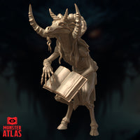 Three-quarter side view digital render of the Baernaloth miniature by Monster Atlas — showing the horned yugoloth scholar from the left, open tome held in clawed hands, tattered cloth around the lower body and detailed leathery skin texture