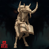 Three-quarter angled digital render of the Baernaloth miniature by Monster Atlas — a close perspective showing the creature's layered horn crown, reptilian jaw with hanging flesh tendrils, open grimoire pages, and muscular gaunt body