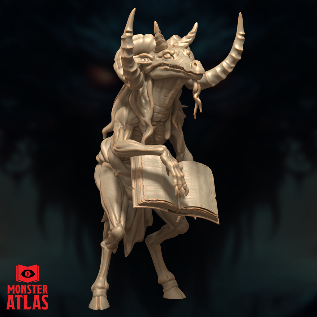 Three-quarter angled digital render of the Baernaloth miniature by Monster Atlas — a close perspective showing the creature's layered horn crown, reptilian jaw with hanging flesh tendrils, open grimoire pages, and muscular gaunt body