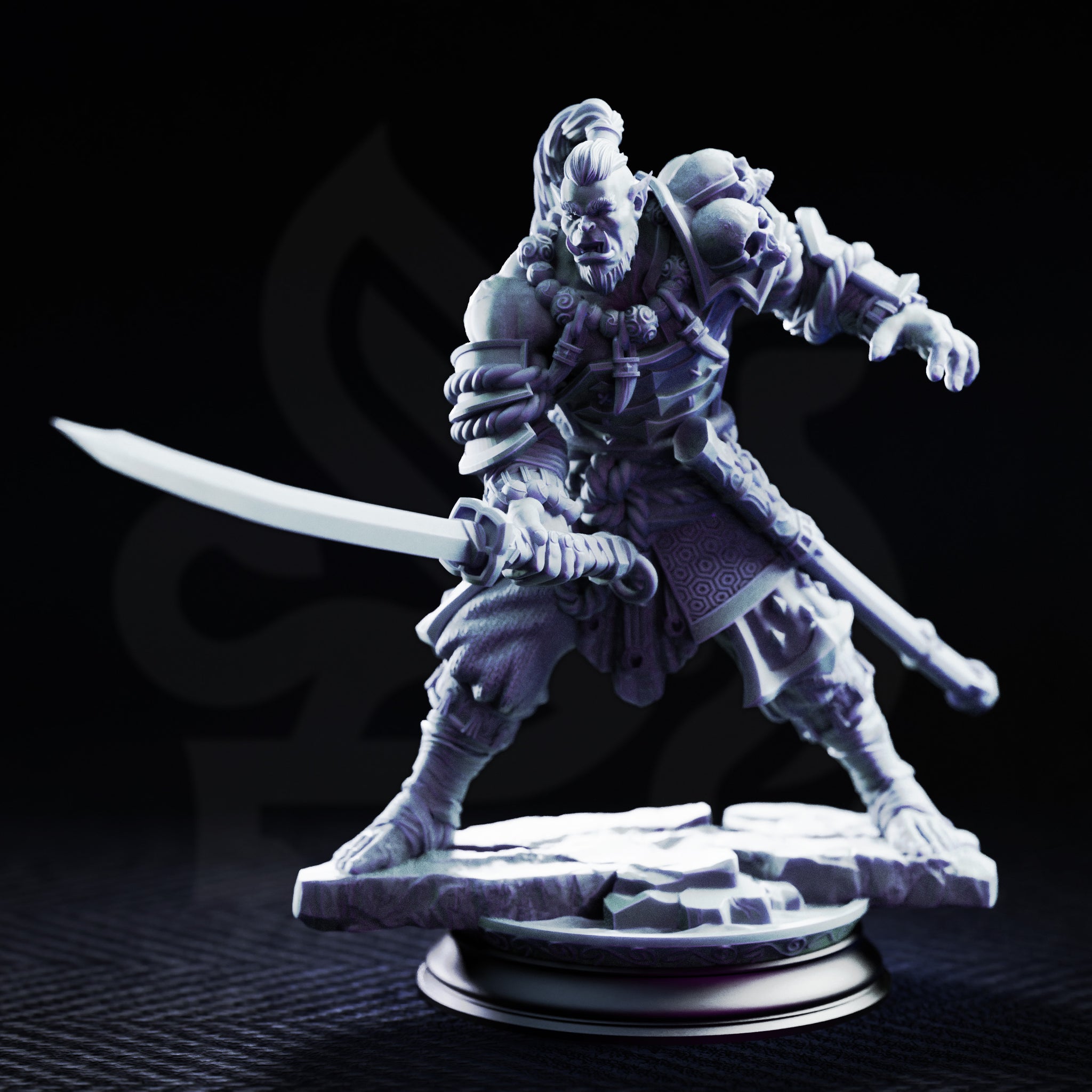 Orc blademaster in layered lamellar armour holding a long curved blade low in a fighting stance, free hand raised with fingers splayed, skull trophy at shoulder, topknot bound with cord. Rocky rubble base. Sculpt by DM Stash.