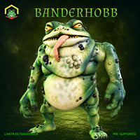 Squat, bulky toad-like creature standing upright with arms hanging wide, mottled green warty skin, bloated pale belly, dark cyst-like bumps across the body, lolling pink tongue, heavy-lidded yellow eyes. Sculpt by The Toadstool Weaver.