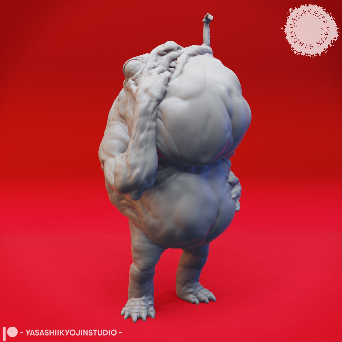 Digital render of the Banderhobb 01 miniature by Yasashii Kyojin Studio — rear three-quarter view showing the creature's grotesquely bloated back, layered folds of muscle across the torso, a single arm raised with fist clenched above the headless body, and clawed feet planted wide. Unpainted grey resin, 32mm scale.