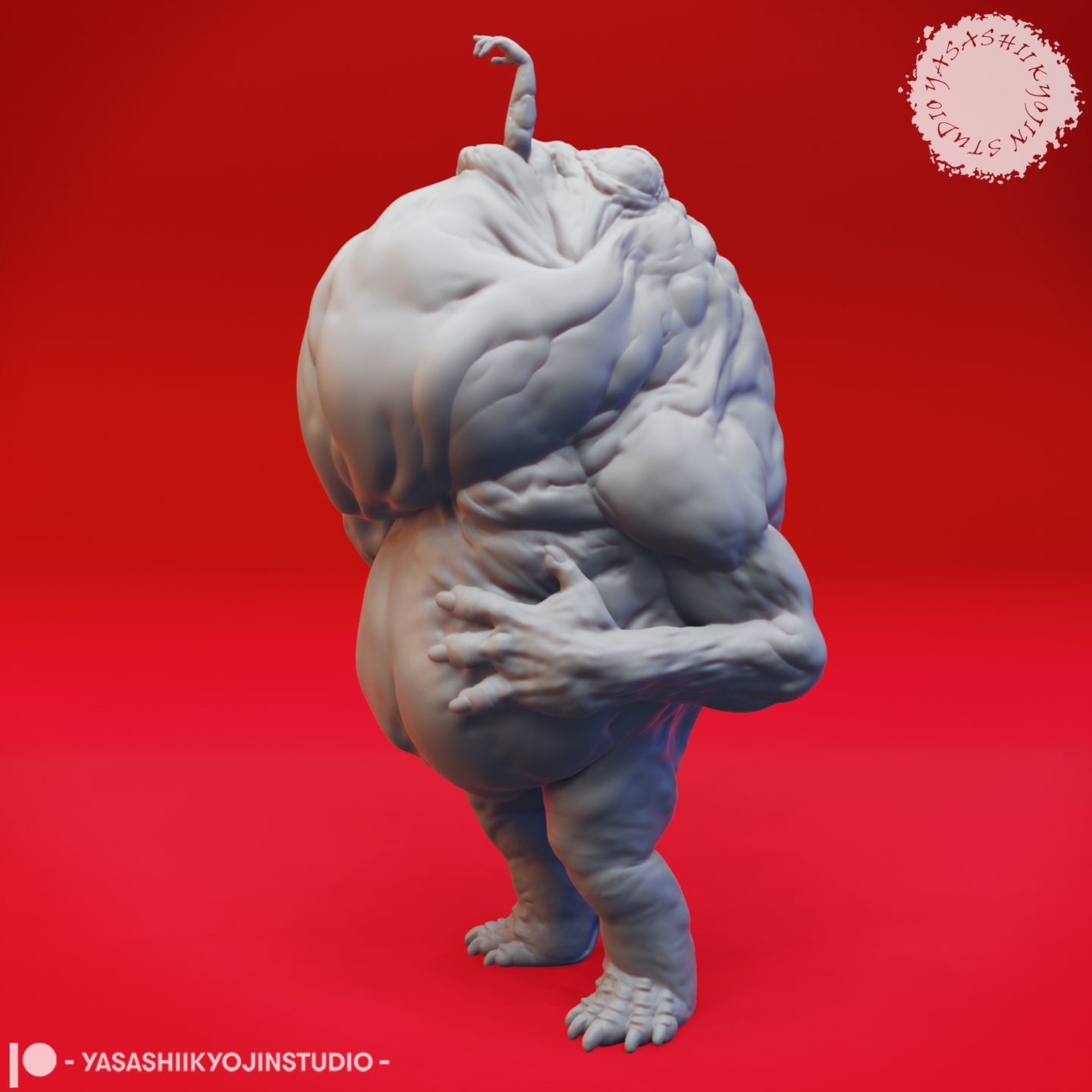 Digital render of the Banderhobb 01 miniature by Yasashii Kyojin Studio — front three-quarter view showing the creature's multiple reaching arms clutching its swollen torso, the raised fist visible above the mass of flesh, and deeply sculpted muscle definition throughout. Unpainted grey resin, 32mm scale.