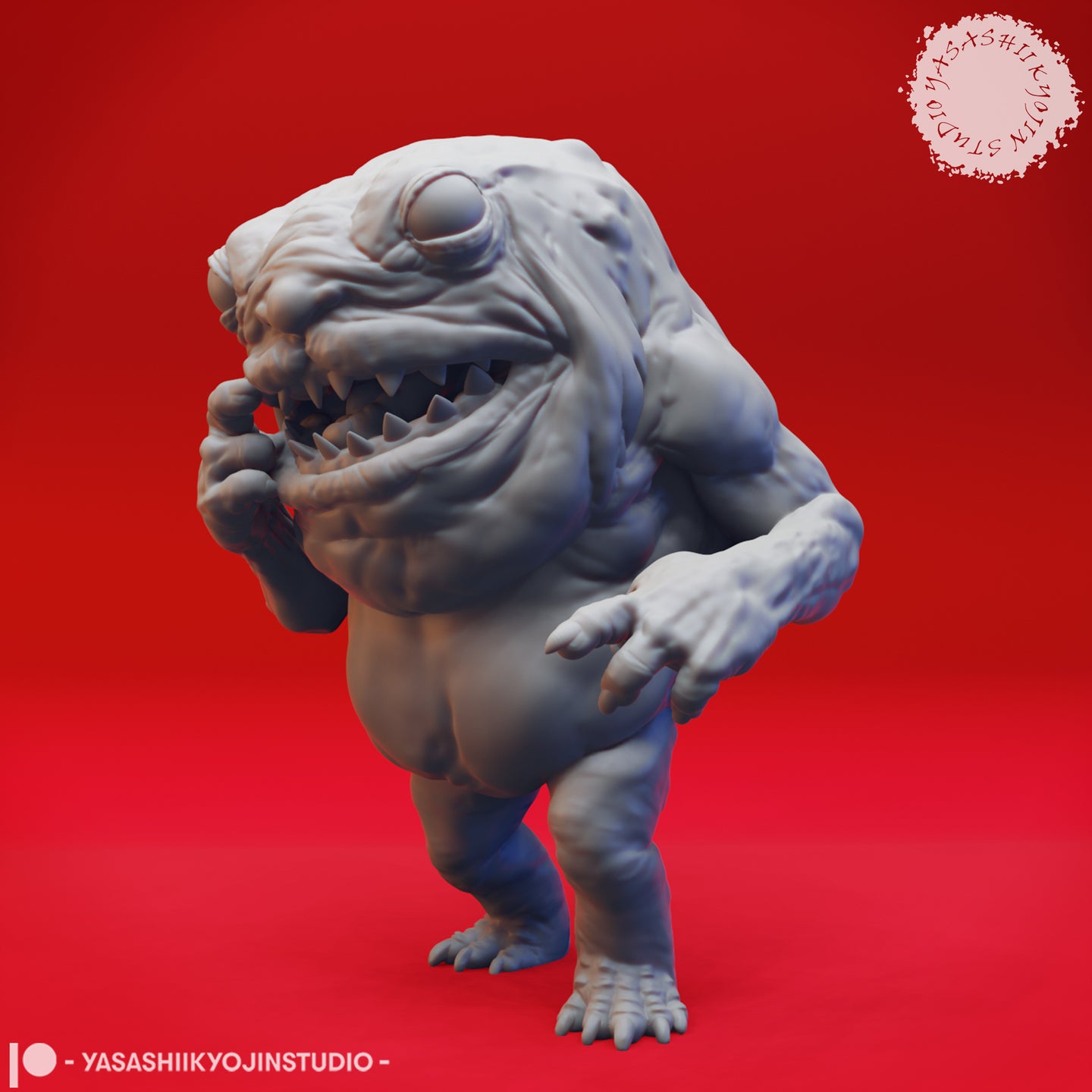 Front-facing digital render of the Banderhobb 02 miniature by Yasashii Kyojin Studios — an unpainted grey resin figure of a hulking, frog-like creature with a vast toothed maw, single bulging eye, raised clawed fists, and heavy muscular body, posed mid-lunge against a red background