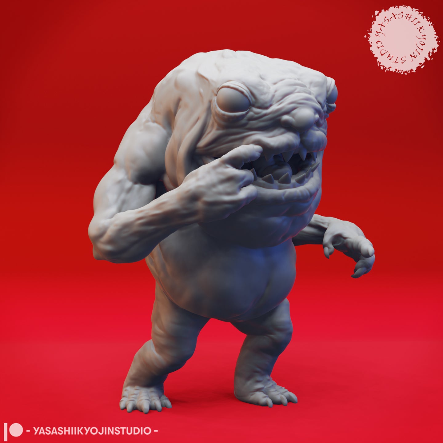 Three-quarter view digital render of the Banderhobb 02 miniature showing the creature's gaping jaw lined with jagged teeth, its long clawed arms thrust forward, and its broad hunched torso, captured in grey unpainted detail against a red background