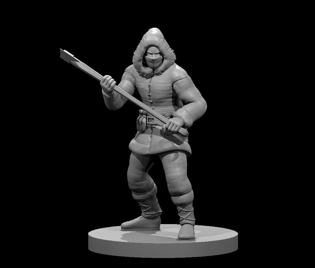 Grey resin digital render of the Cold Weather Bandit miniature by MZ4250 — a muscular masked figure in a padded fur-hooded cold-weather suit, gripping a crossbow in both hands in a low ready stance, with a belt pouch and bound legs, on a plain round base, 32mm scale