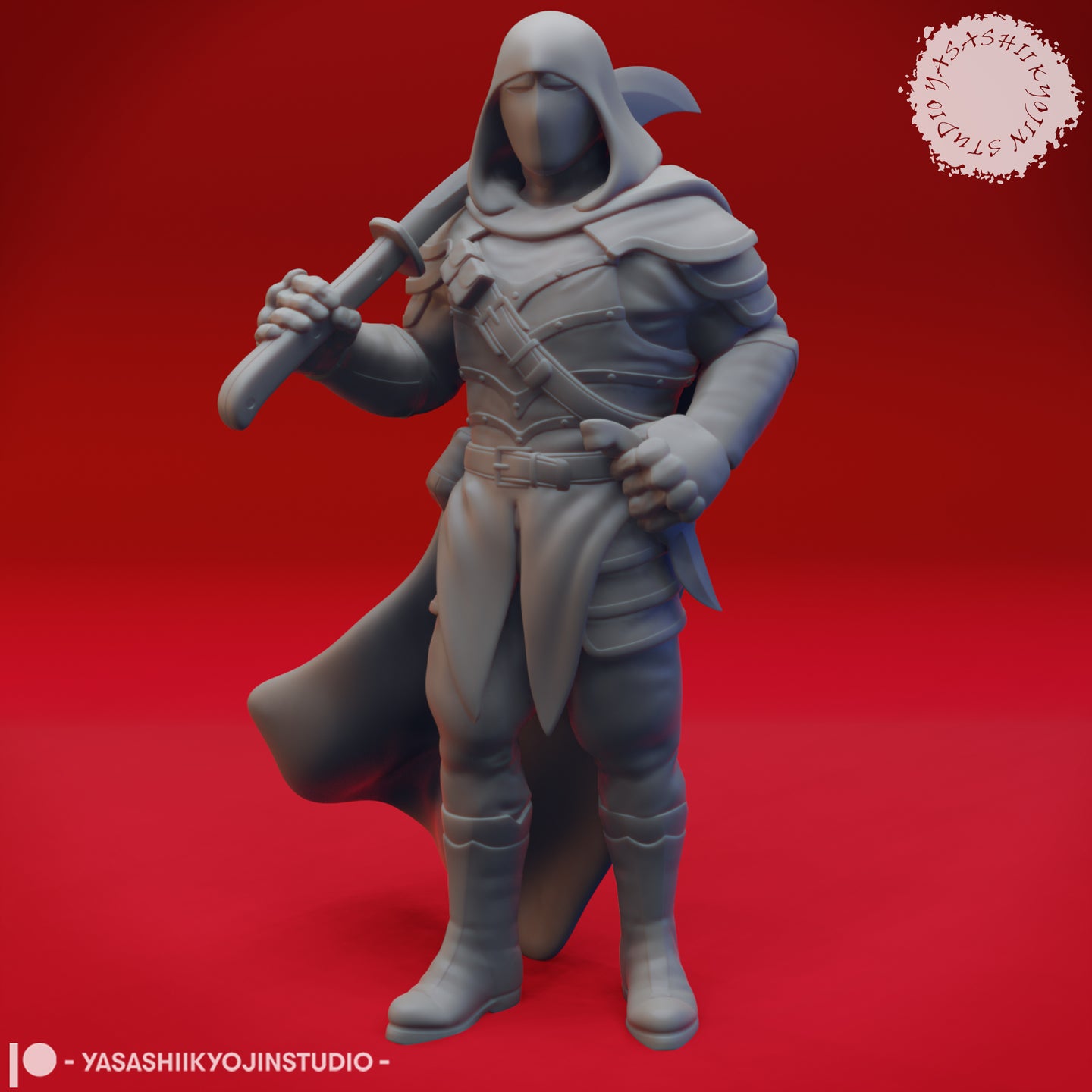 Grey resin digital render of a masked hooded bandit miniature by Yasashii Kyojin Studio, wearing layered plate and leather armour with a billowing cloak, holding a short sword across his chest with his free hand gripping his coat edge — front three-quarter view against a red background