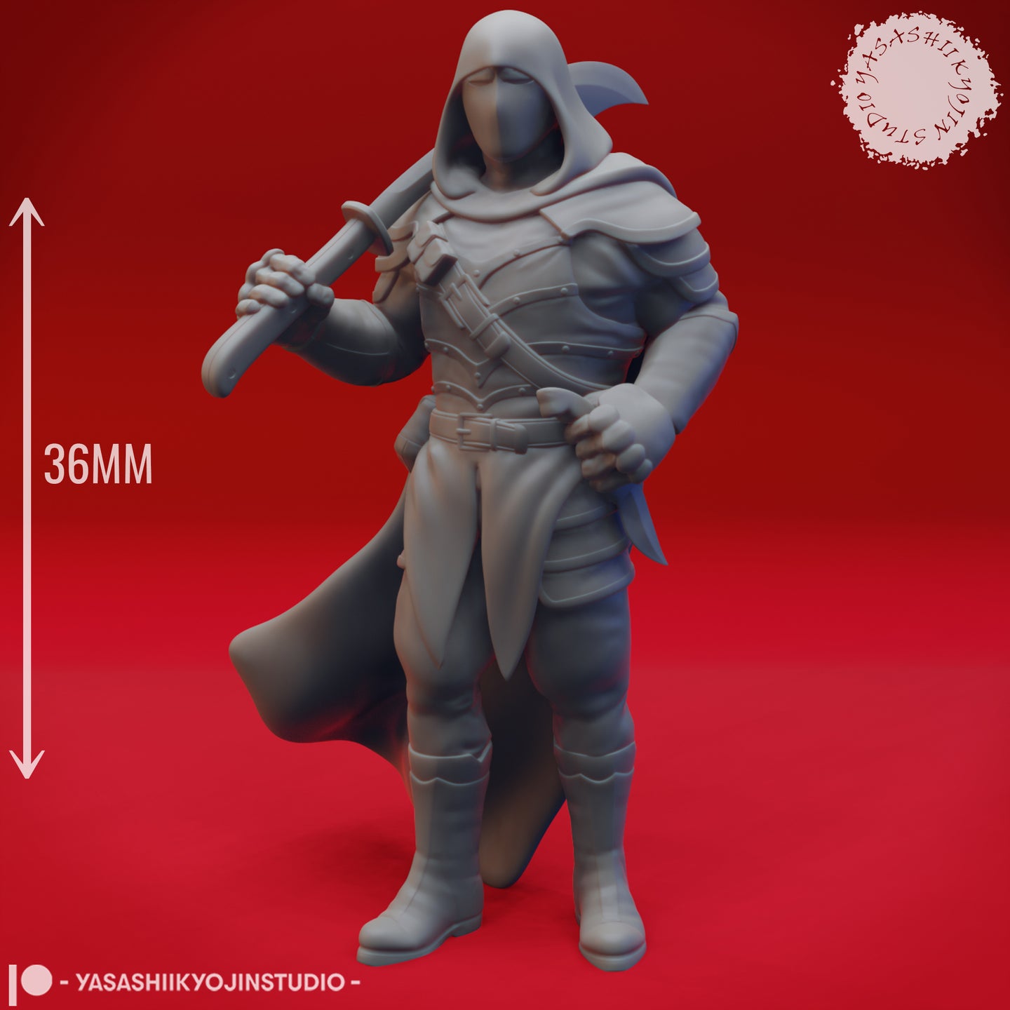 Grey resin digital render of the Bandit 01 miniature by Yasashii Kyojin Studio shown against a red background with a 36mm scale indicator, displaying full armour detail including segmented greaves, pauldrons, and cross-body strapping beneath a feathered hood and blank mask