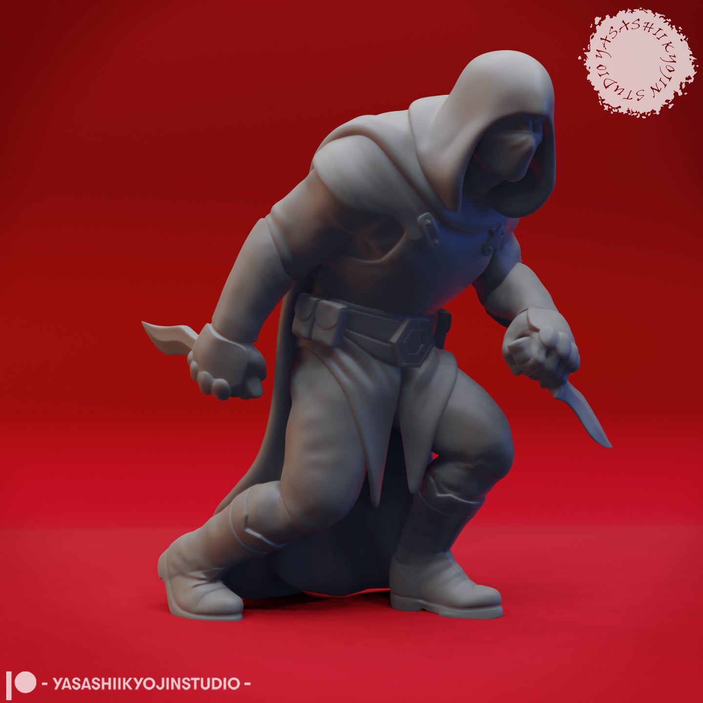 Digital render of the Bandit 02 miniature from Yasashii Kyojin Studios, showing the hooded figure in a dual-dagger crouch pose — front-facing view highlighting the utility belt and buttoned coat