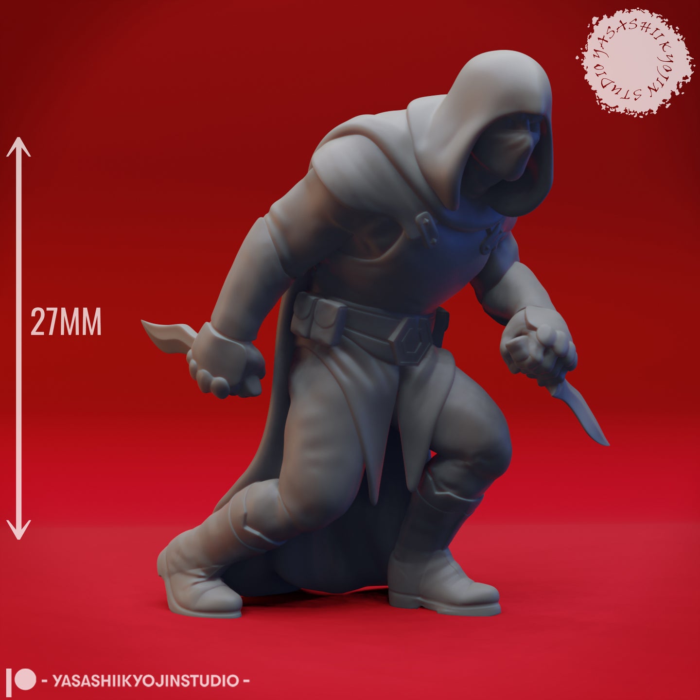 Digital render of an unpainted grey resin bandit miniature at 27mm scale, crouched in a low combat stance with a dagger in each hand and a deep hood obscuring the face — front three-quarter view