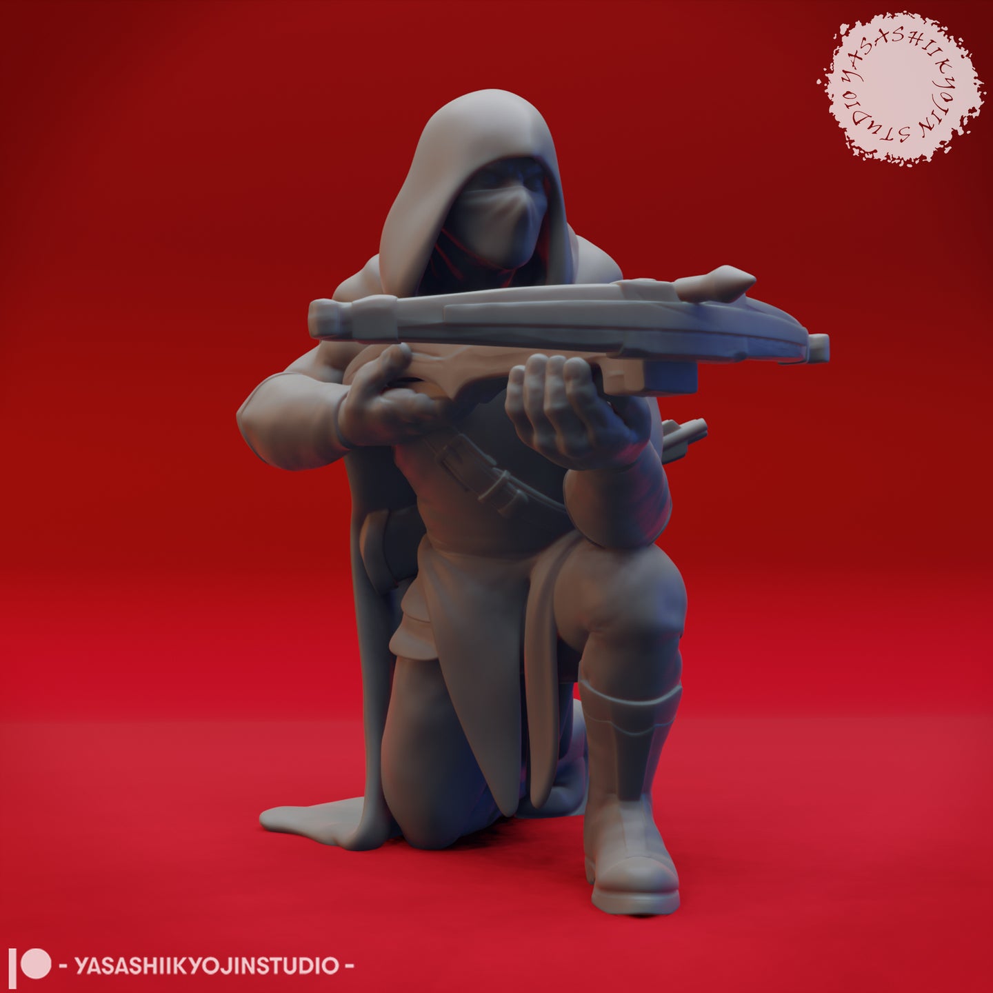 Front-facing digital render of an unpainted grey resin bandit miniature in a kneeling pose, aiming a crossbow forward. The figure wears a deep hood, face wrap, utility belt with pouches, and a quiver of bolts at the hip. Sculpted by Yasashii Kyojin Studio.
