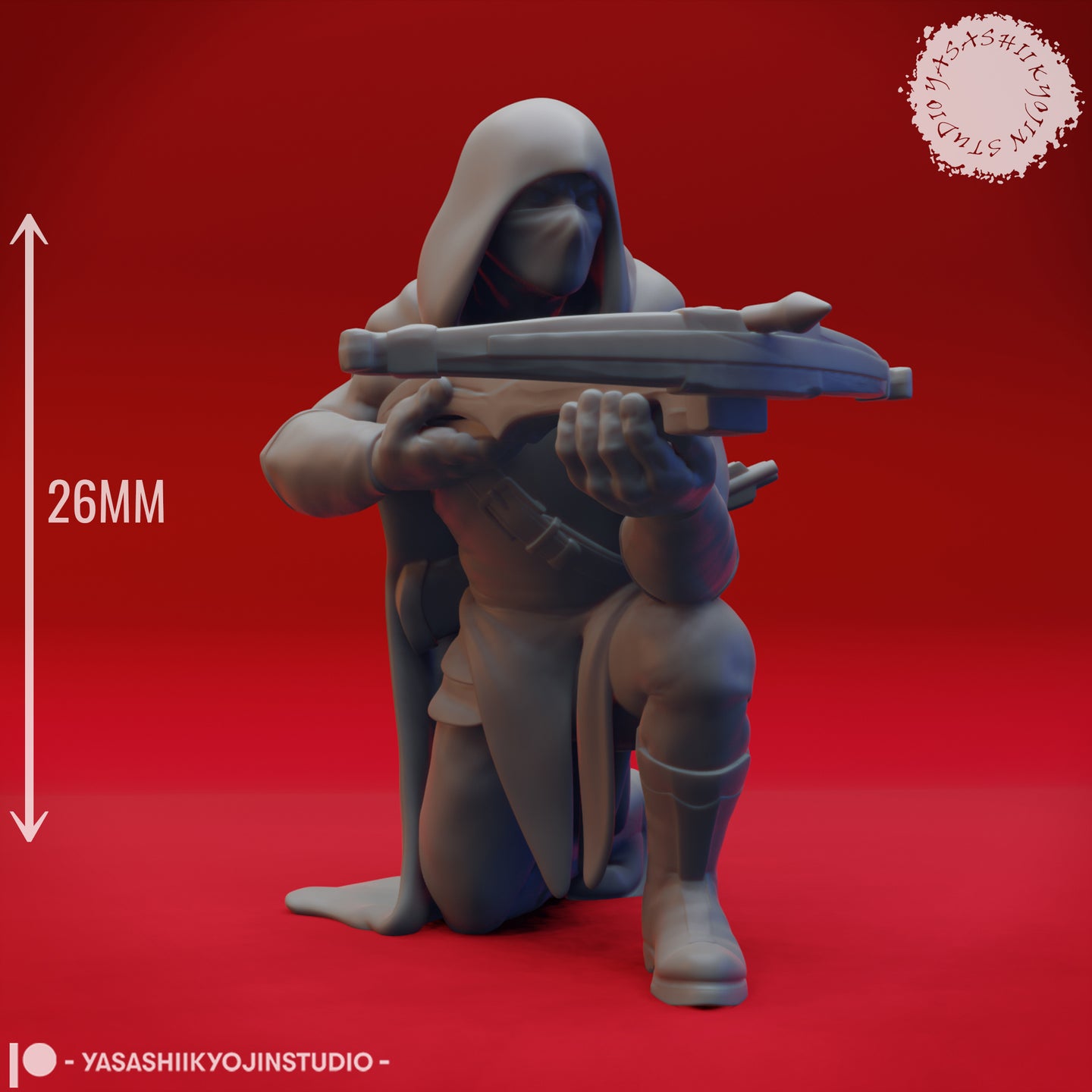 Front-facing digital render of the Bandit 03 miniature with a 26mm scale indicator shown to the left. Kneeling crossbow-wielding figure in hooded and masked light armour. Sculpted by Yasashii Kyojin Studio at 32mm tabletop scale.