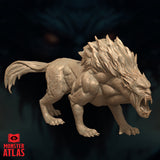 Barghest D&D miniature by Monster Atlas — front three-quarter view showing the creature in a low aggressive crouch, jaws wide open in a roar, with layered blade-like mane along the spine, heavy muscular torso, and splayed clawed forepaws. Unpainted resin render.