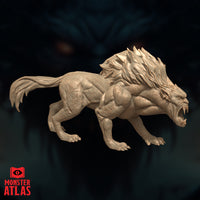Barghest D&D miniature by Monster Atlas — side profile view showing the full body silhouette with pronounced layered mane flowing from neck to mid-back, powerful haunches, whip-like tail with fanned fur at the tip, and snarling fanged face. Unpainted resin render.