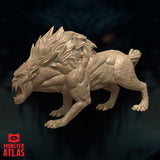 Barghest D&D miniature by Monster Atlas — opposite side three-quarter view showing the detailed face with deeply furrowed brow and elongated curved fangs, the layered feathered mane seen from a different angle, and the textured coarse hide across the chest and shoulders. Unpainted resin render.