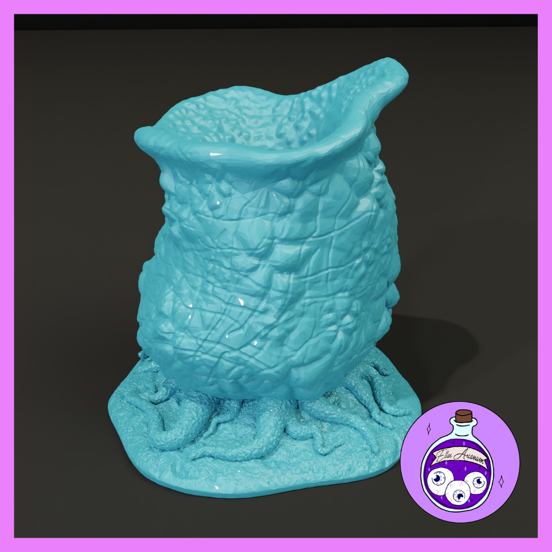Unpainted light blue resin barrel mushroom miniature with tall tapered body, smooth surface scoring, angled open top, and thick coiling root tendrils on a wide base — 32mm scale scatter terrain