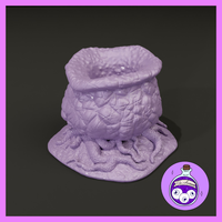 Unpainted lilac resin barrel mushroom miniature with squat wide-mouthed body, quilted geometric texture, broad flat rim, and heavy gnarled root mass sprawling across the base — 32mm scale scatter terrain
