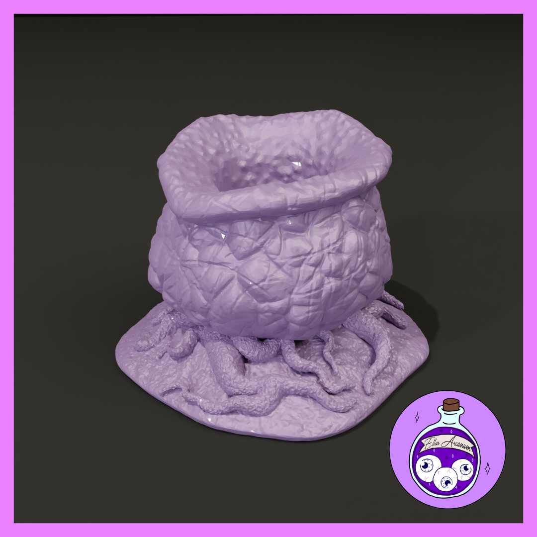 Unpainted lilac resin barrel mushroom miniature with squat wide-mouthed body, quilted geometric texture, broad flat rim, and heavy gnarled root mass sprawling across the base — 32mm scale scatter terrain