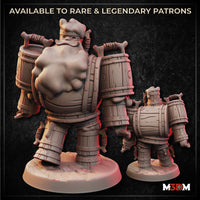 Digital render of Barry the Beer Golem miniature showing front and rear views — a large barrel-bodied construct with rope-bound wooden barrel torso, barrel legs, and fleshy head, carrying two barrel tankards over its shoulders, shown in grey resin render against a dark stone background