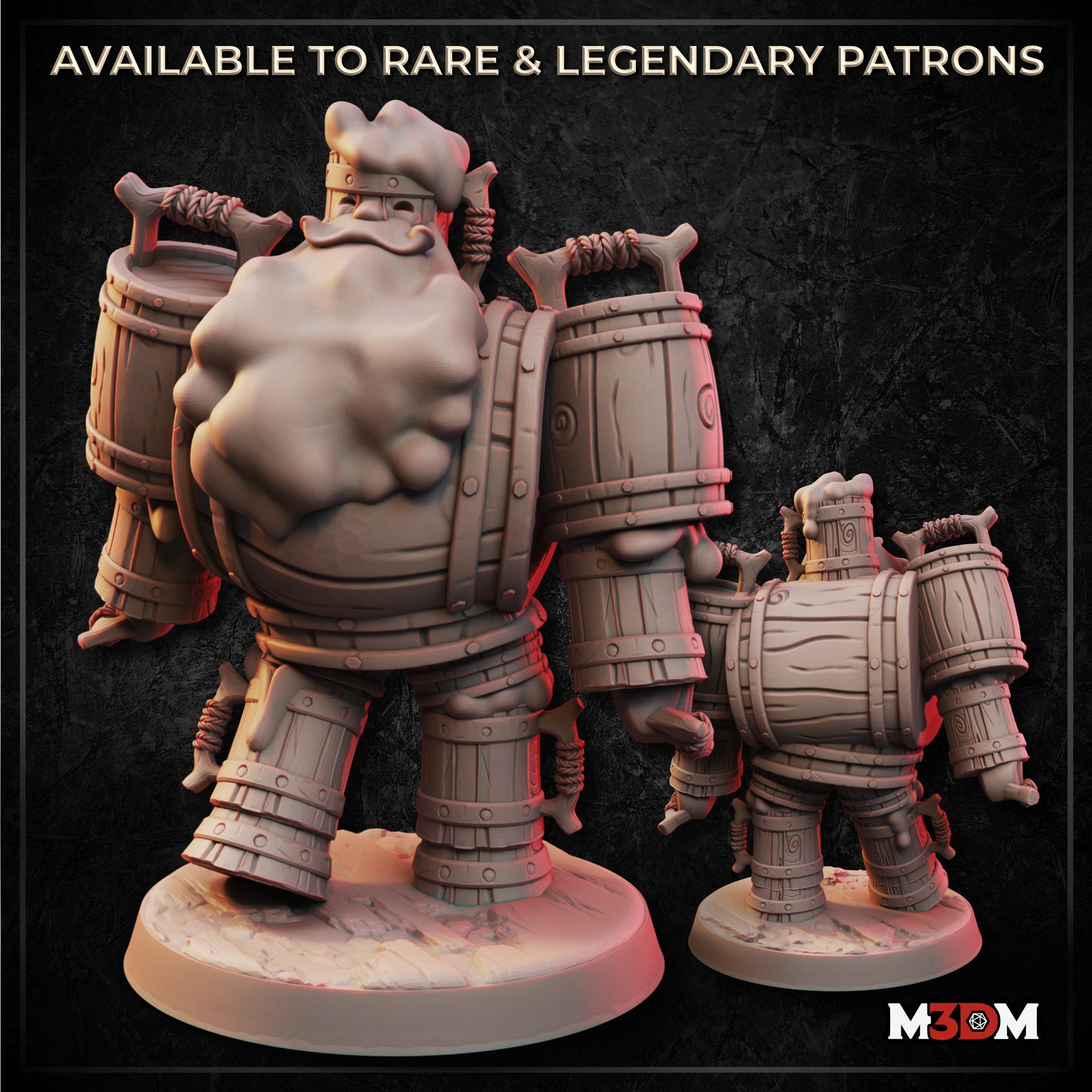 Digital render of Barry the Beer Golem miniature showing front and rear views — a large barrel-bodied construct with rope-bound wooden barrel torso, barrel legs, and fleshy head, carrying two barrel tankards over its shoulders, shown in grey resin render against a dark stone background