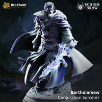 Rear view of a male sorcerer figure showing a large billowing cloak with fine woven texture, falling in sweeping folds to a rubble-strewn scenic base, curly hair visible above the collar. Sculpt by DM Stash.
