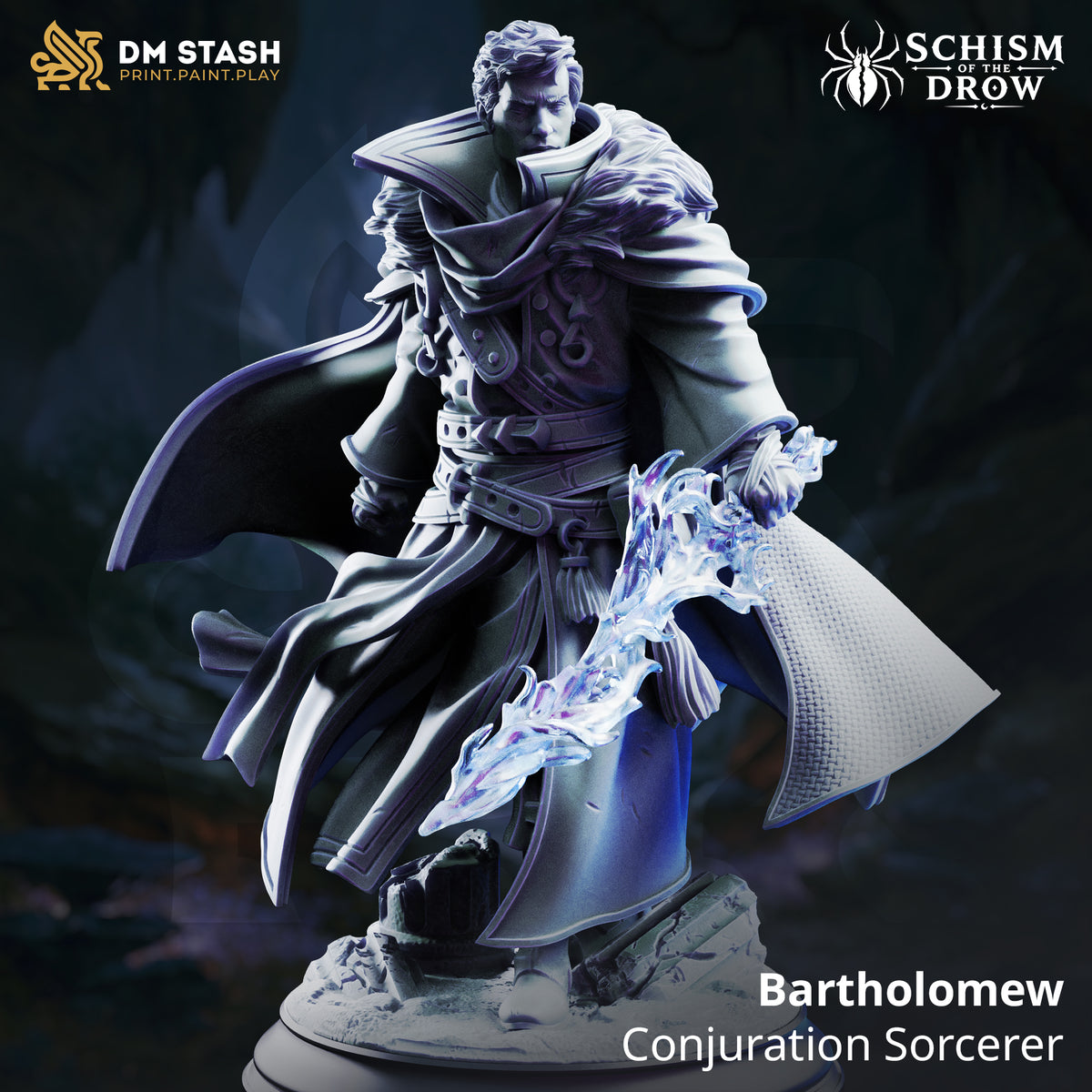 Rear view of a male sorcerer figure showing a large billowing cloak with fine woven texture, falling in sweeping folds to a rubble-strewn scenic base, curly hair visible above the collar. Sculpt by DM Stash.