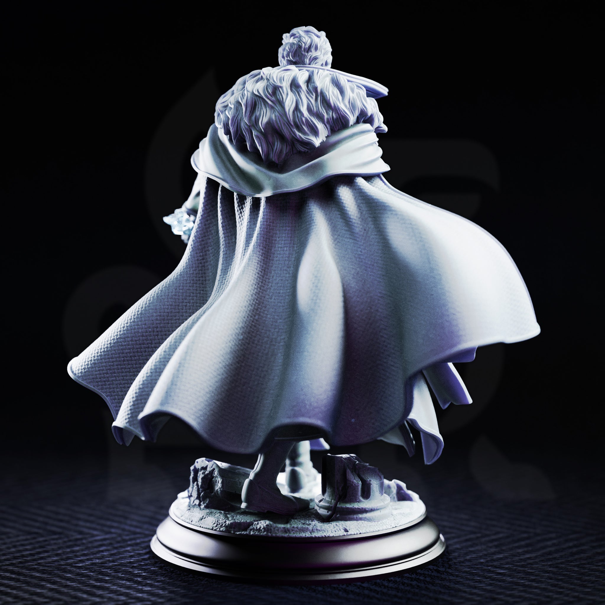 Male sorcerer in a long belted coat, holding a fractured arcane focus staff low at his side, curly hair, determined expression, on a round scenic base with broken stonework. Sculpt by DM Stash.