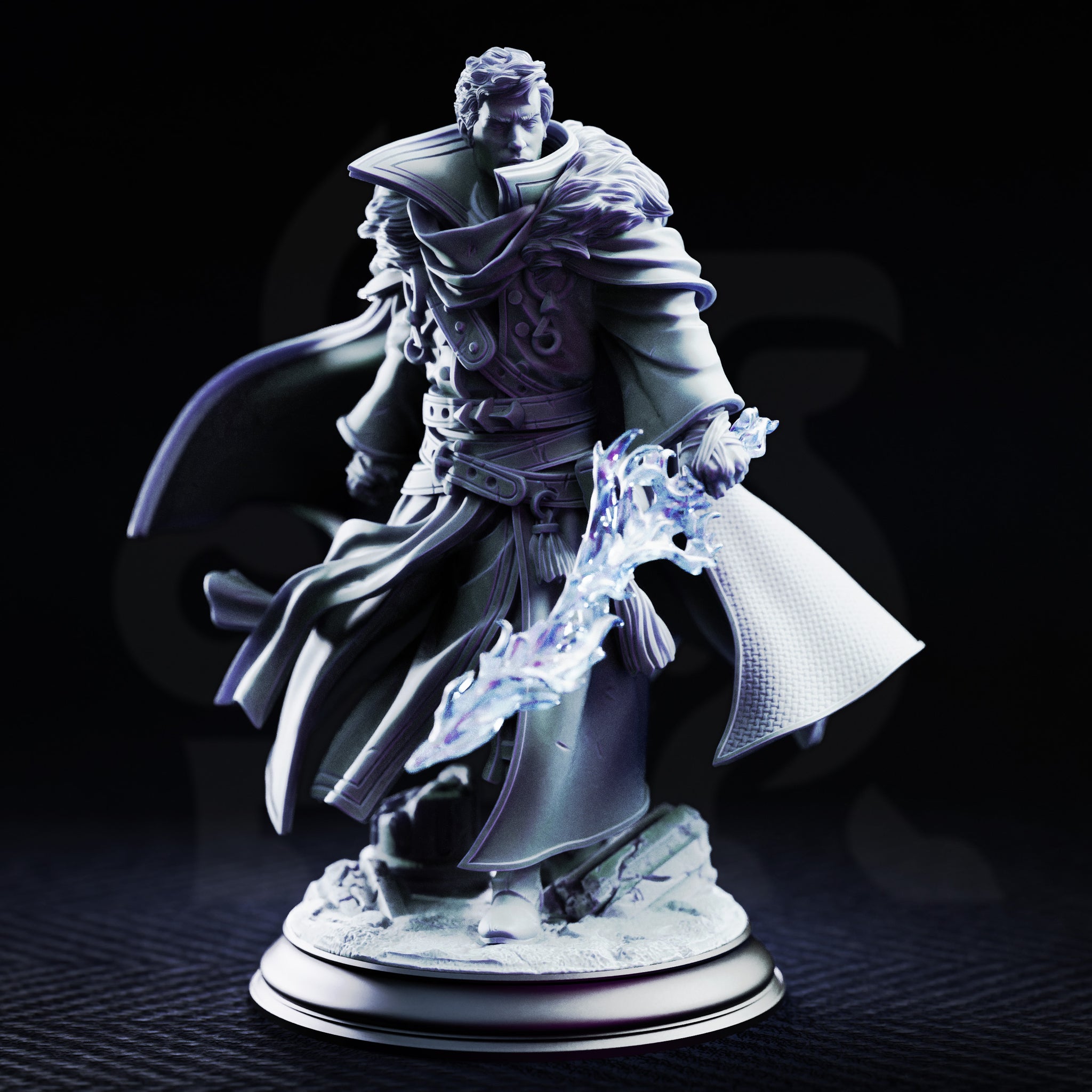 Male sorcerer striding forward in a layered coat with runic embroidery, wielding a jagged crystalline arcane staff crackling with energy, standing on a cracked rubble scenic base. Sculpt by DM Stash.